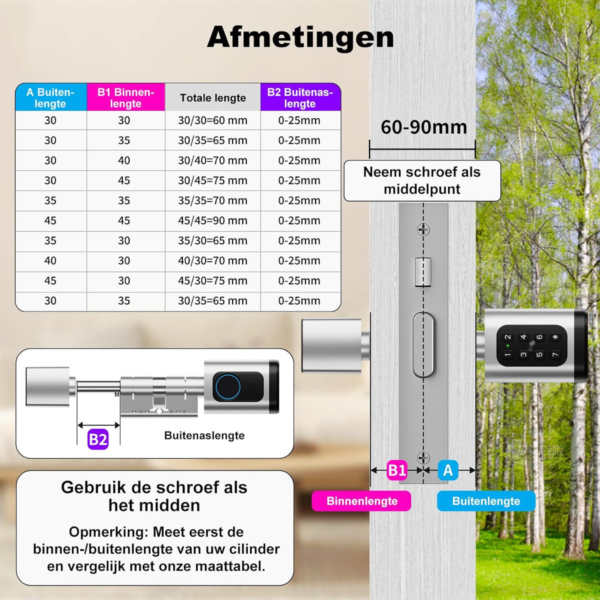 Deurslot, vingerafdrukslot, verstelbare lengte, elektronisch deurslot, smart lock met RFID-kaart, app, wifi, bluetooth-ontgrendeling, verlengaccessoires, 60-90 mm, zilver