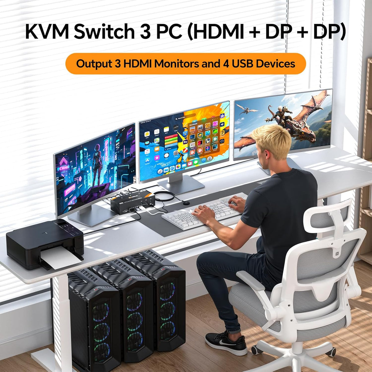 KVM Switch 3 PC 3 monitoren 8K @60Hz / 4K @144Hz, Displayport 1.4 HDMI 2.1 USB 3.0 KVM Switch Triple Monitor voor 3 PC delen muis, toetsenbord met bedrade afstandsbediening en 12V Power