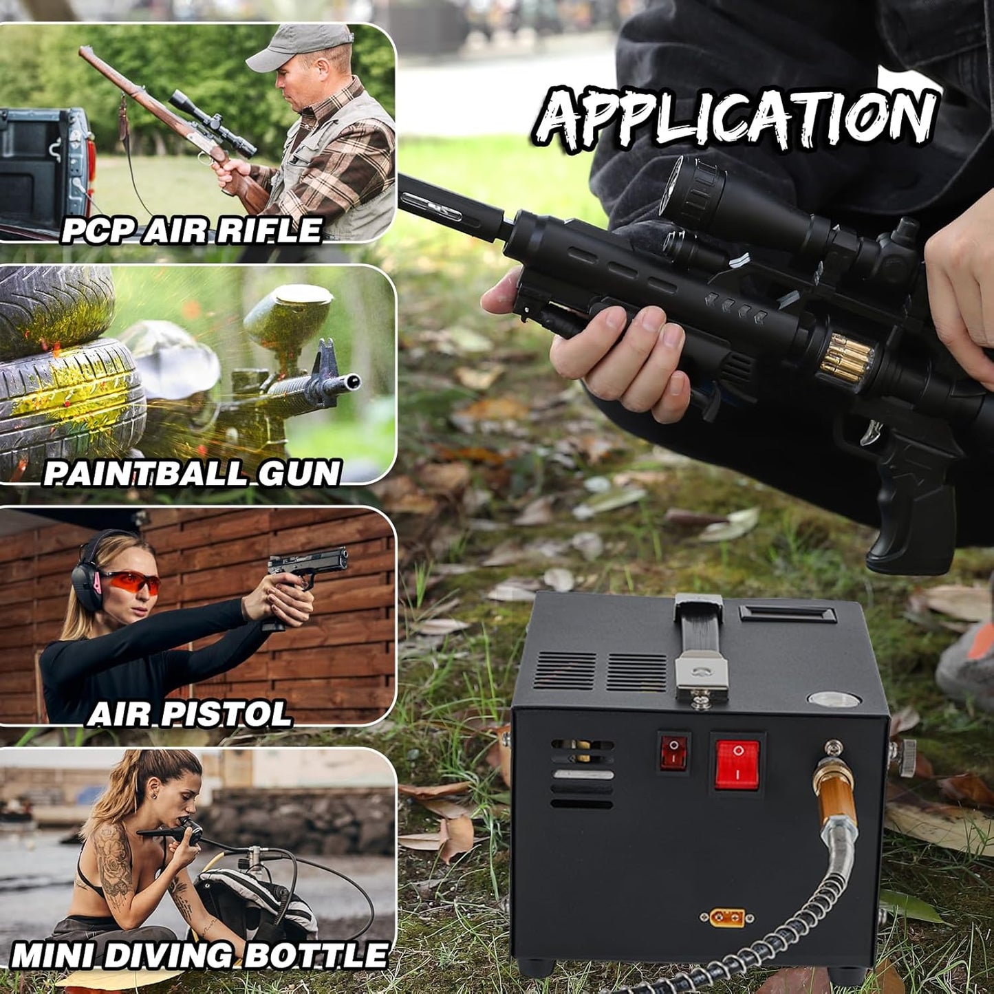 Mxmoonant Draagbare PCP-compressor, 4500 psi/30 Mpa/300 bar, geschikt voor Airsoft, paintballtanks (220 V AC of 12 V autobatterij)