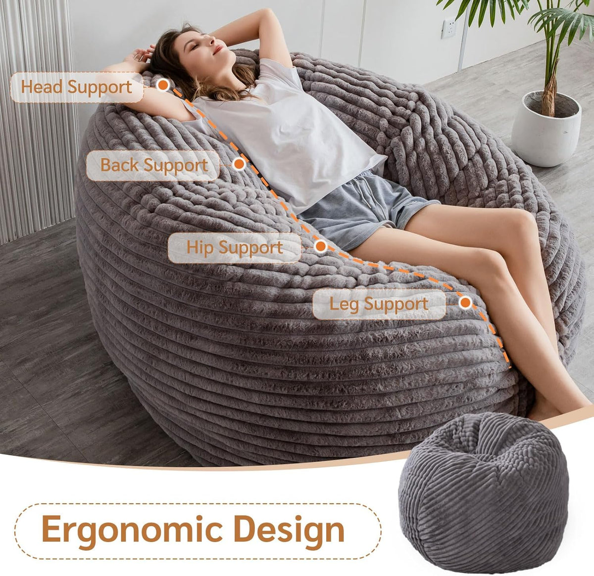 MAXYOYO Enorme zitzakbed, vierkante zitzakstoel, grote bank met imitatiebont en pluizige vulling voor volwassenen, koppels, gasten (corduroy grijs, 150 x 150 cm)