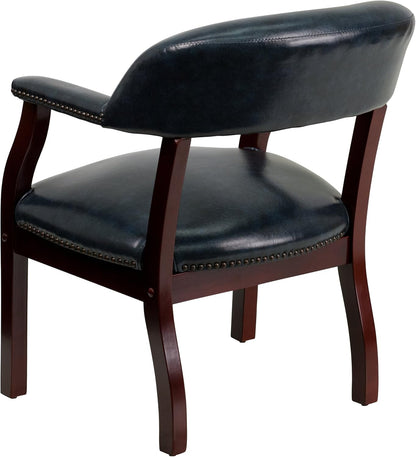 Conferentiestoel Marineblauw Vinyl – Ontvangststoel – Vergaderstoel – Gaststoel – Wachtstoel – Brandvertragend CAL-117 Schuim – Massief Hardhouten Frame