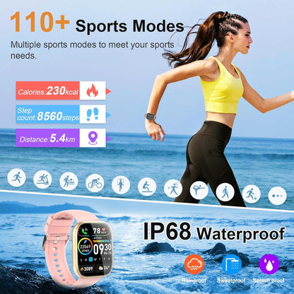 Smartwatch voor heren met oproep, 4,6 cm (1,85 inch), 100 sportmodi, ademfrequentie-monitor, hartslag- en slaapmonitor, waterdicht, IP68, intelligent dameshorloge met doe-het-zelf wijzerplaat, roze