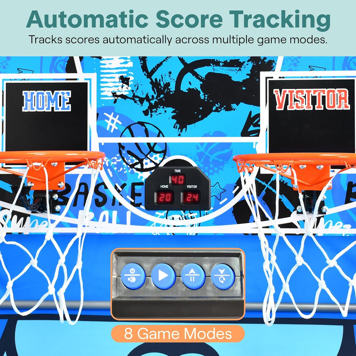 SereneLife Arcade Basketball Game Basketball Vending Machine- Heavy Folding Double Hoop with Electronic Scoreboard- Playtime Clock- Blue - QUORE