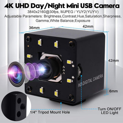 SVPRO Auto Focus 4K 30pfs UHD USB-camera voor computer met IMX415-sensor, 100° geen vervorming mini-camera met ledverlichting voor online onderwijs/vergadering/live streaming, plug&play