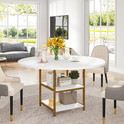 Tribesigns Round Dining Table with Shelves, 4 Persons, Round Dining Table, Kitchen Table with Wooden Top, for Dining Room, Living Room, Kitchen, White Gold