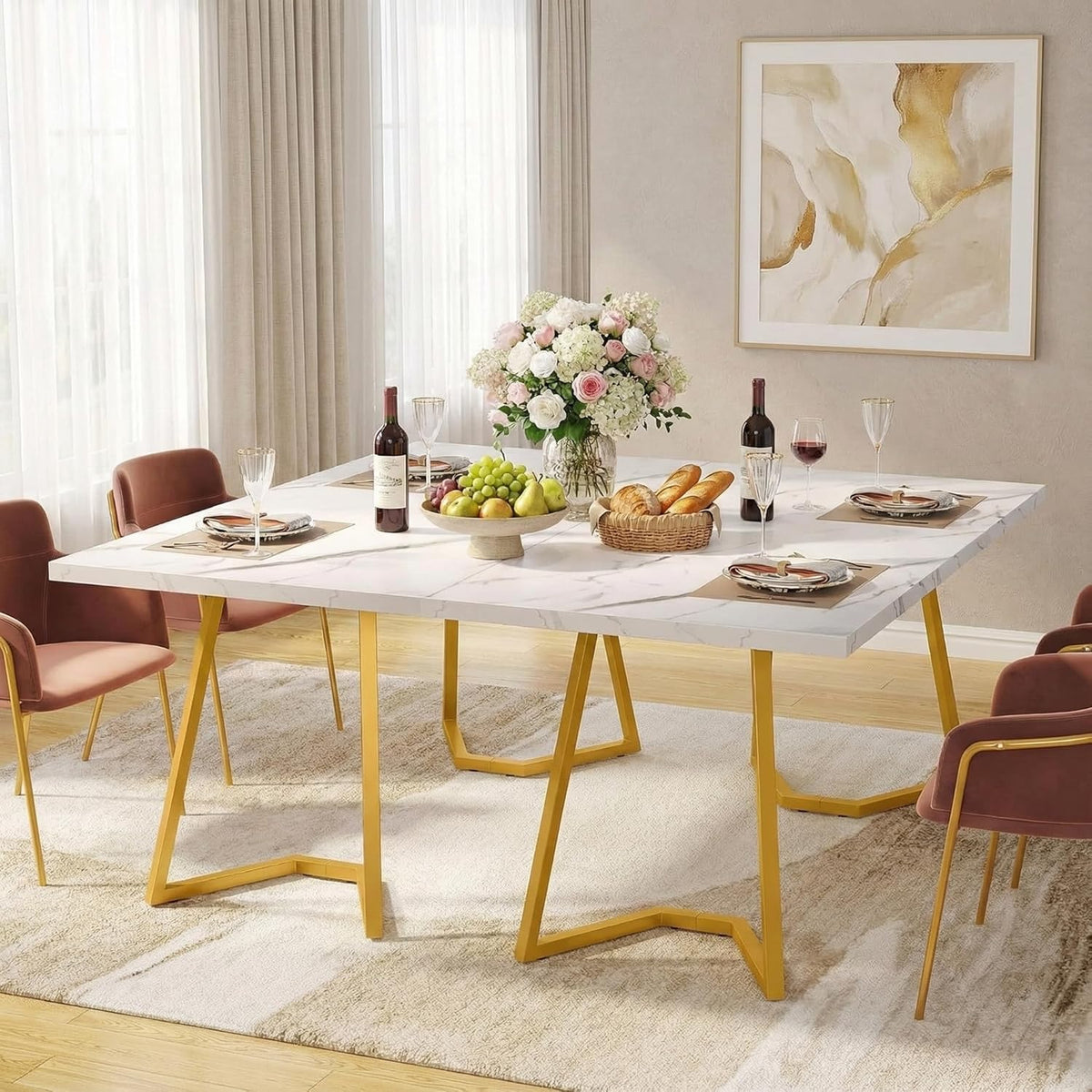 Ovale Eettafel – Ronde Tafel – Marmeren Eettafel – Witte Eettafel – 6 Persoons Tafel – 140x80x75 cm – Wit Met Gouden Accenten – Met Stevig Metalen Onderstel