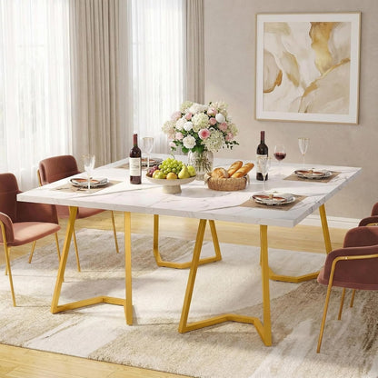 Ovale Eettafel – Ronde Tafel – Marmeren Eettafel – Witte Eettafel – 6 Persoons Tafel – 140x80x75 cm – Wit Met Gouden Accenten – Met Stevig Metalen Onderstel