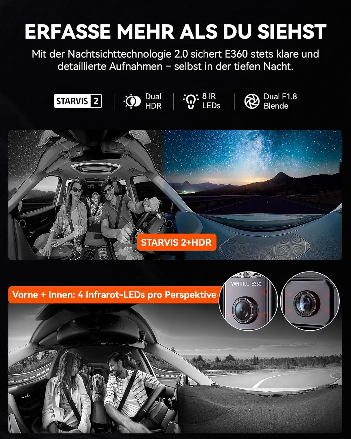 VANTRUE E360 tweekanaals 5.2K panoramische rijrecorder auto achter WiFi, dubbel STARVIS 2 HDR nachtzicht, GPS, bufferparkeermodus, maximaal 512 GB