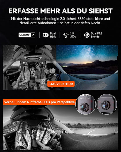 VANTRUE E360 tweekanaals 5.2K panoramische rijrecorder auto achter WiFi, dubbel STARVIS 2 HDR nachtzicht, GPS, bufferparkeermodus, maximaal 512 GB