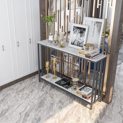 FATIVO 2-laags consoletafel gangunit: marmeren blad consoles bureau 120x30x78cm lang hoogglans gesinterde steen marmer zwart frame frame smalle hoge moderne bank opslag bijzettafels woonkamer