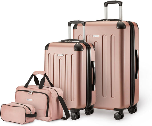Amazon Basics Bagageset en Harde Buitenkant, 4-delig, Grote Koffer, Handbagagekoffer, Draagtas, Compacte Reistas, Uitbreidbaar, 4 Spinnerwielen, Roségoud