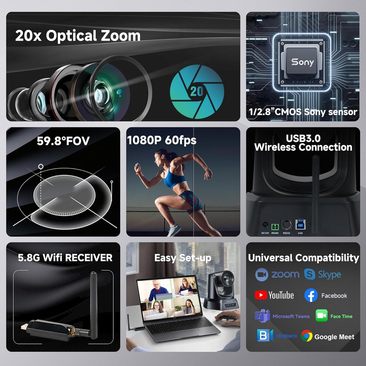 TONGVEO Draadloze conferentieruimte-webcam, 20 x USB 1080p 60 fps PTZ-camera voor live streaming in kerken, erediensten, online conferenties, compatibel met zoom, OBS
