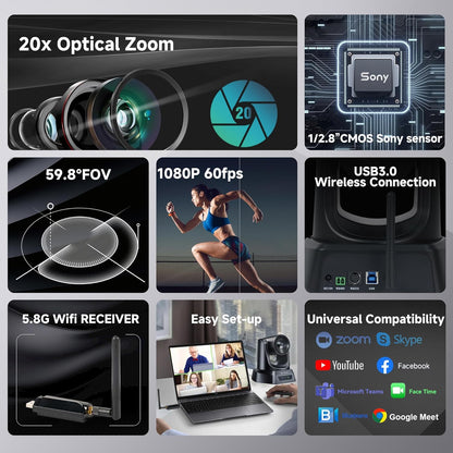 TONGVEO Draadloze conferentieruimte-webcam, 20 x USB 1080p 60 fps PTZ-camera voor live streaming in kerken, erediensten, online conferenties, compatibel met zoom, OBS