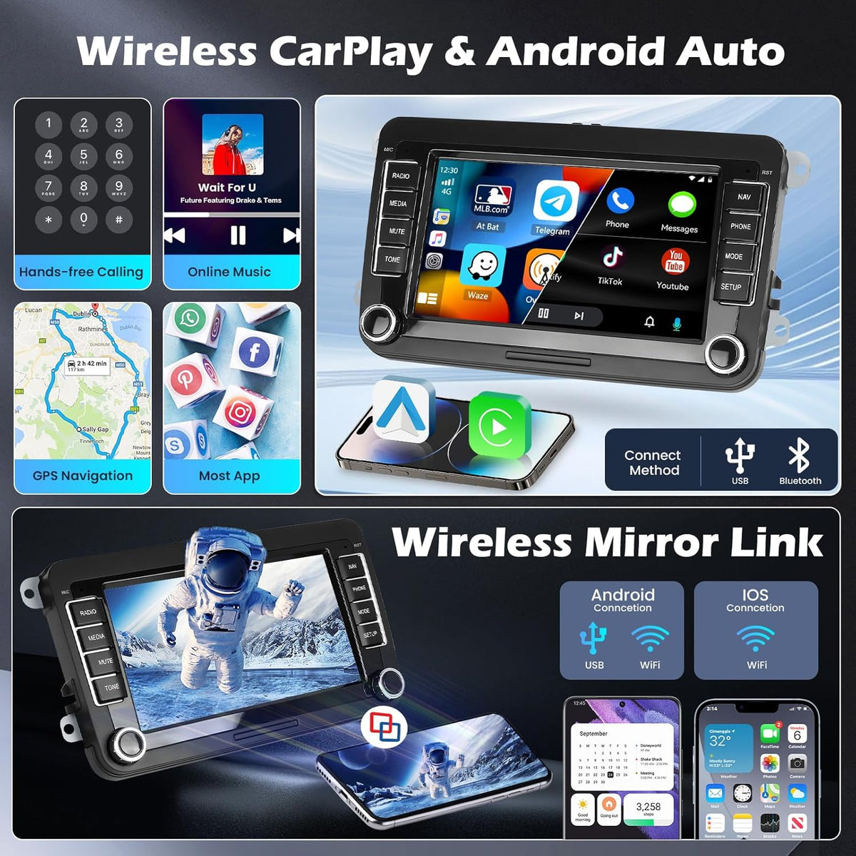 4G+64G Android 15 2 DIN Autoradio voor VW Golf Tiguan Caddy Polo Touran met Draadloze CarPlay Android Auto GPS, 7" Touchscreen, DSP FM/RDS Radio WiFi + Achteruitrijcamera + Microfoon