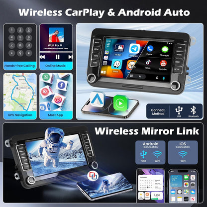 4G+64G Android 15 2 DIN Autoradio voor VW Golf Tiguan Caddy Polo Touran met Draadloze CarPlay Android Auto GPS, 7" Touchscreen, DSP FM/RDS Radio WiFi + Achteruitrijcamera + Microfoon