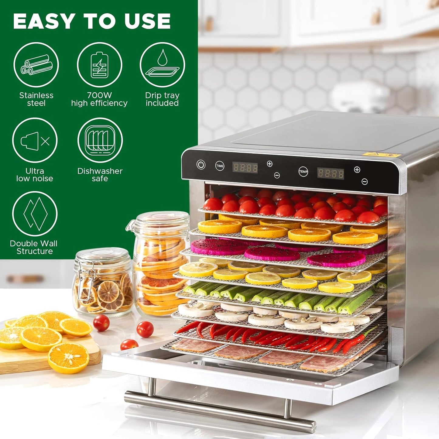 Kwasyo Voedseldroger van roestvrij staal, 0,67 m², 8 roestvrijstalen tablets, led-display, 24-uurs timer, instelbare temperatuur 35 °C - 85 °C, voor vlees, groenten en fruit