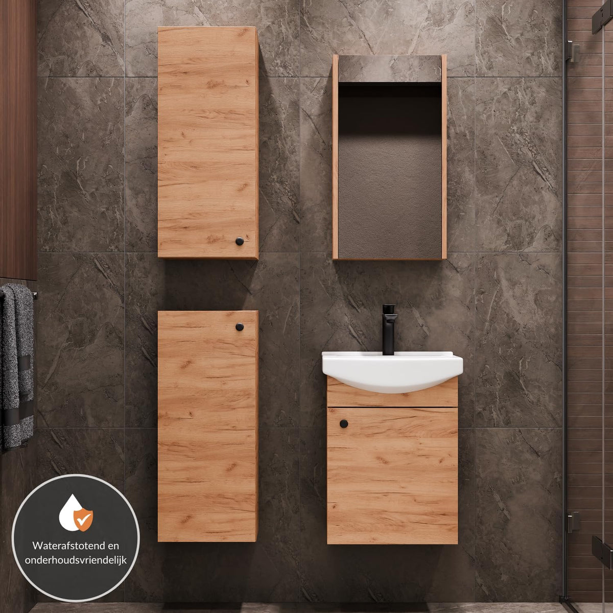 Planetmöbel bathroom cabinet set Washbasin with vanity unit 45 x 60 x 33 cm with mirror cabinet 40 cm, 2X midi cabinets for bathroom & guest toilet, gold oak - QUORE