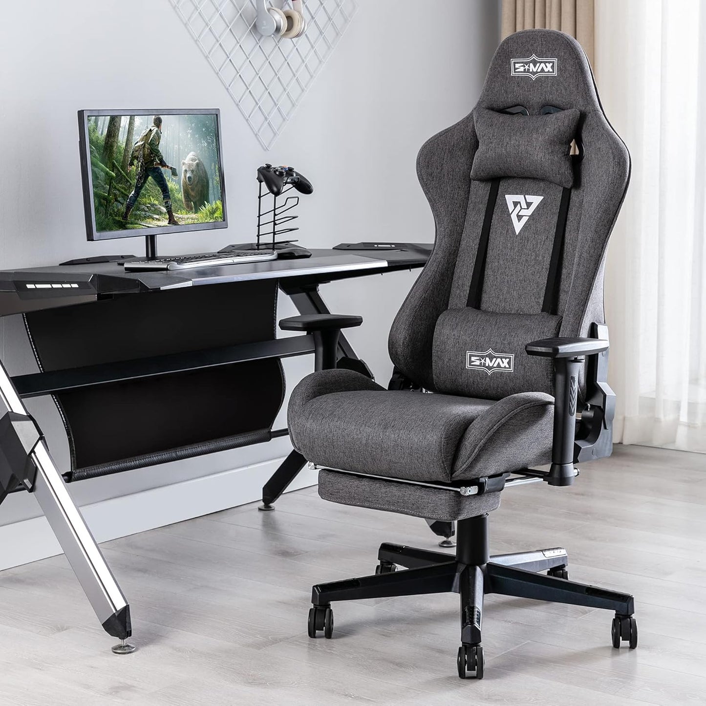 S*MAX Gamingstoel, stof, grijs, met voetensteun, verdikte stoel, 3D-armleuning, videospelstoelen met hoge rugleuning, ergonomische gamingstoel voor volwassenen