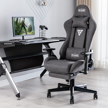 S*MAX Gamingstoel, stof, grijs, met voetensteun, verdikte stoel, 3D-armleuning, videospelstoelen met hoge rugleuning, ergonomische gamingstoel voor volwassenen