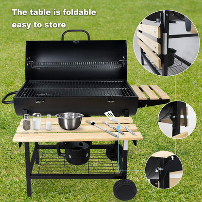 Barbecuewagen, houtskoolgrill, houtskool met wielen, antraciet staande grill, grillhaard incl. geïntegreerde thermometer en ventilatieschuiver, tuingrill, grilloppervlak: 70 x 38,5 cm