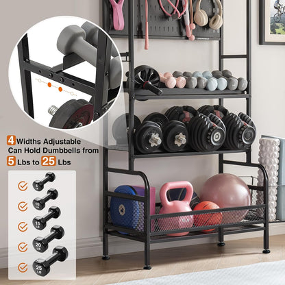 56" Taller Home Gym Storage Organizer, Yoga Mat Storage Rack with Hanging Board, Exercise Workout Equipment Storage Stand for Home Gym, Dumbbell Holder Kettlebell Rack with Wheels and Hooks - QUORE