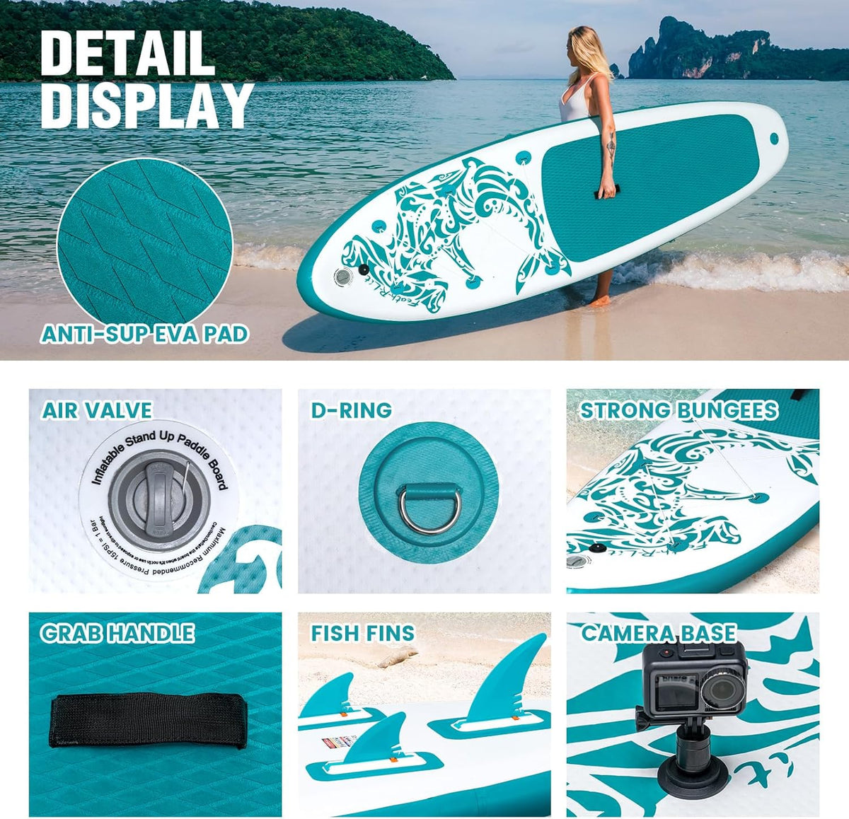 FEATH-R-LITE Opblaasbaar stand-up paddleboard, surfplank, SUP, compleet paddleboard, accessoires, verstelbare peddel, pomp, ISUP reisrugzak, paddleboard voor volwassenen (Groen en wit)