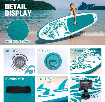 FEATH-R-LITE Opblaasbaar stand-up paddleboard, surfplank, SUP, compleet paddleboard, accessoires, verstelbare peddel, pomp, ISUP reisrugzak, paddleboard voor volwassenen (Groen en wit)