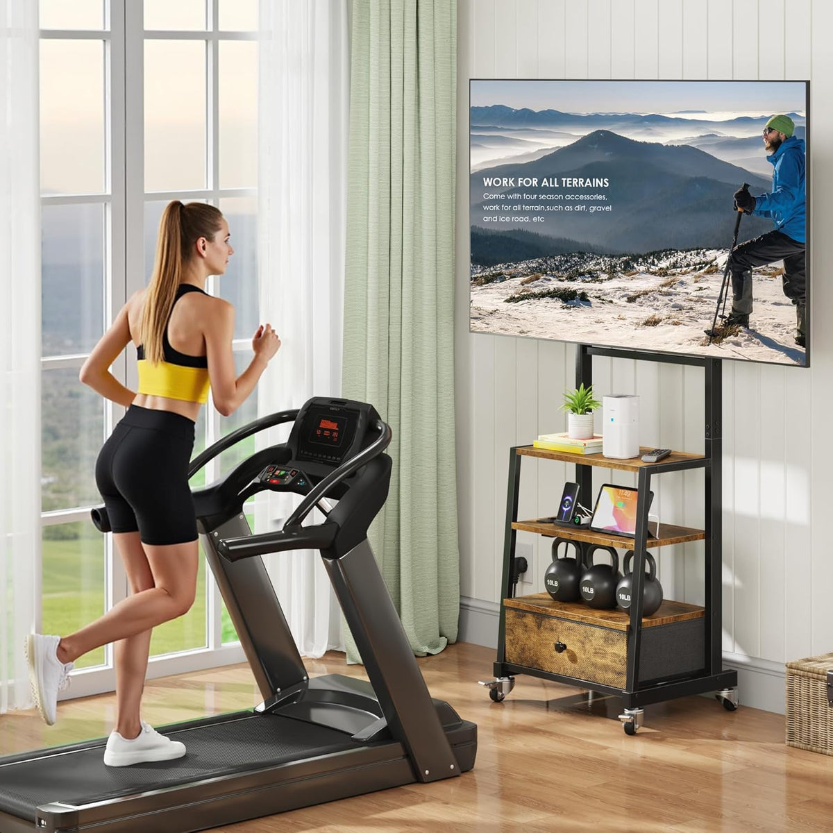 Verrijdbare TV Standaard met Beugel en Stopcontact – In Hoogte Verstelbaar TV Meubel met Lade, Geschikt voor 32–75 Inch TV's, Rustiek Houtlook