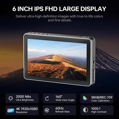 VILTROX DC-X2 Camera Field Monitor 2000 Nits Hoge Helderheid Touchscreen 6 Inch DSLR Camera Monitor met 1920x1080 IPS 4K HDMI Loop in/Out 3D LUTs Waveform Video Peaking Focus Assist Batterij,Zonnekap