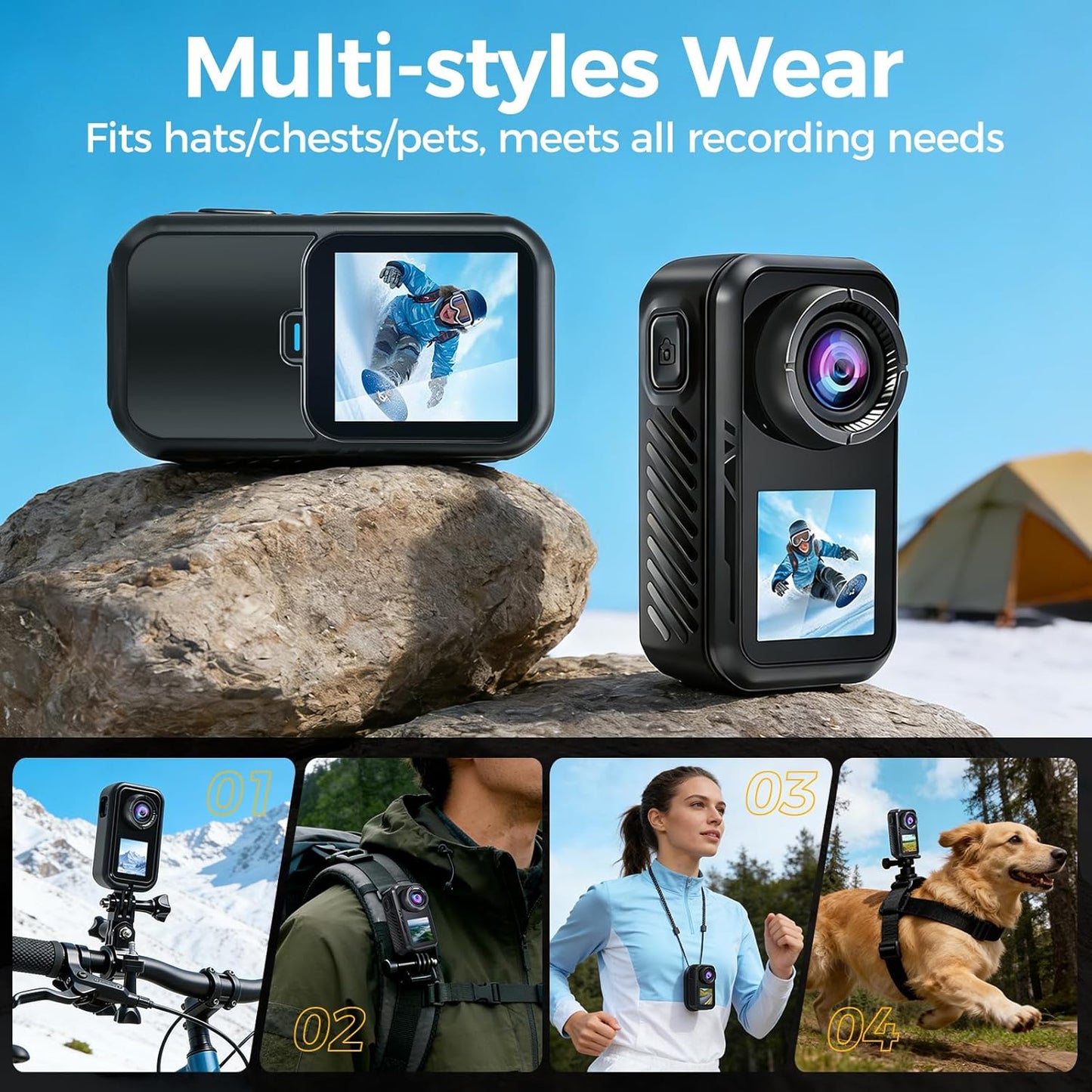AIKER Action Cam 4K WiFi bijgewerkte versie, ultra-Hd-beeldkwaliteit, elektronische beeldstabilisatie, dual screen display, bodycam, helmcamera voor motorfiets, 360° actiecamera, multifunctionele
