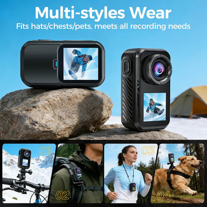 AIKER Action Cam 4K WiFi bijgewerkte versie, ultra-Hd-beeldkwaliteit, elektronische beeldstabilisatie, dual screen display, bodycam, helmcamera voor motorfiets, 360° actiecamera, multifunctionele