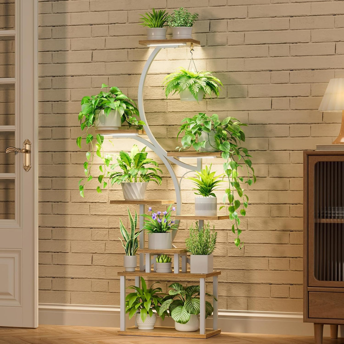 Plantenstandaard Met Kweeklampen Wit – Plantenrek – Bloemenstandaard – Bloemenrek – Plantenhouder – 8-Laags S-Vormig Design – 3-Kops Volspectrum Kweeklampen Met Timer En 9 Lichtstanden