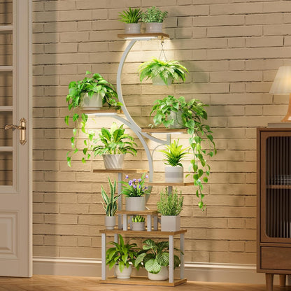 Plantenstandaard Met Kweeklampen Wit – Plantenrek – Bloemenstandaard – Bloemenrek – Plantenhouder – 8-Laags S-Vormig Design – 3-Kops Volspectrum Kweeklampen Met Timer En 9 Lichtstanden