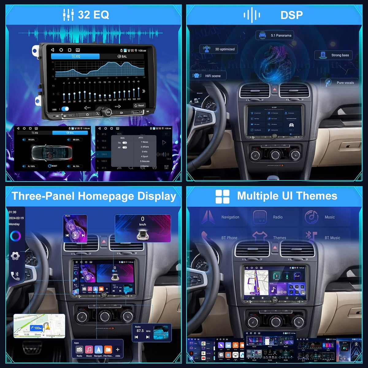 4+64G Android Autoradio voor Volkswagen Golf Passat Jetta Tiguan Polo Touran Seat Skoda, Draadloze CarPlay Android Auto, Touchscreen Display, DSP, GPS, WiFi, Achteruitrijcamera, Plug & Play Radio