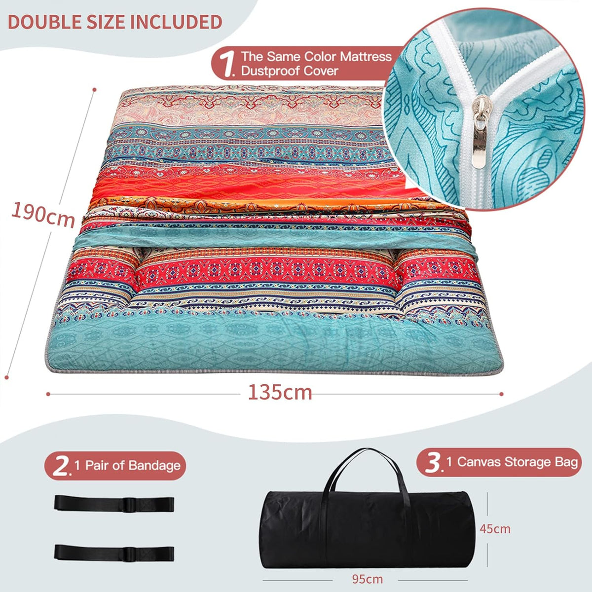 MAXYOYO Futon Retro Bohemian matras - Japanse bloemen vintage vloer - rollende logeerbed, draagbare camping, Tatami mat (Bohemian A, 135 x 190 cm)