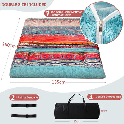 MAXYOYO Futon Retro Bohemian matras - Japanse bloemen vintage vloer - rollende logeerbed, draagbare camping, Tatami mat (Bohemian A, 135 x 190 cm)