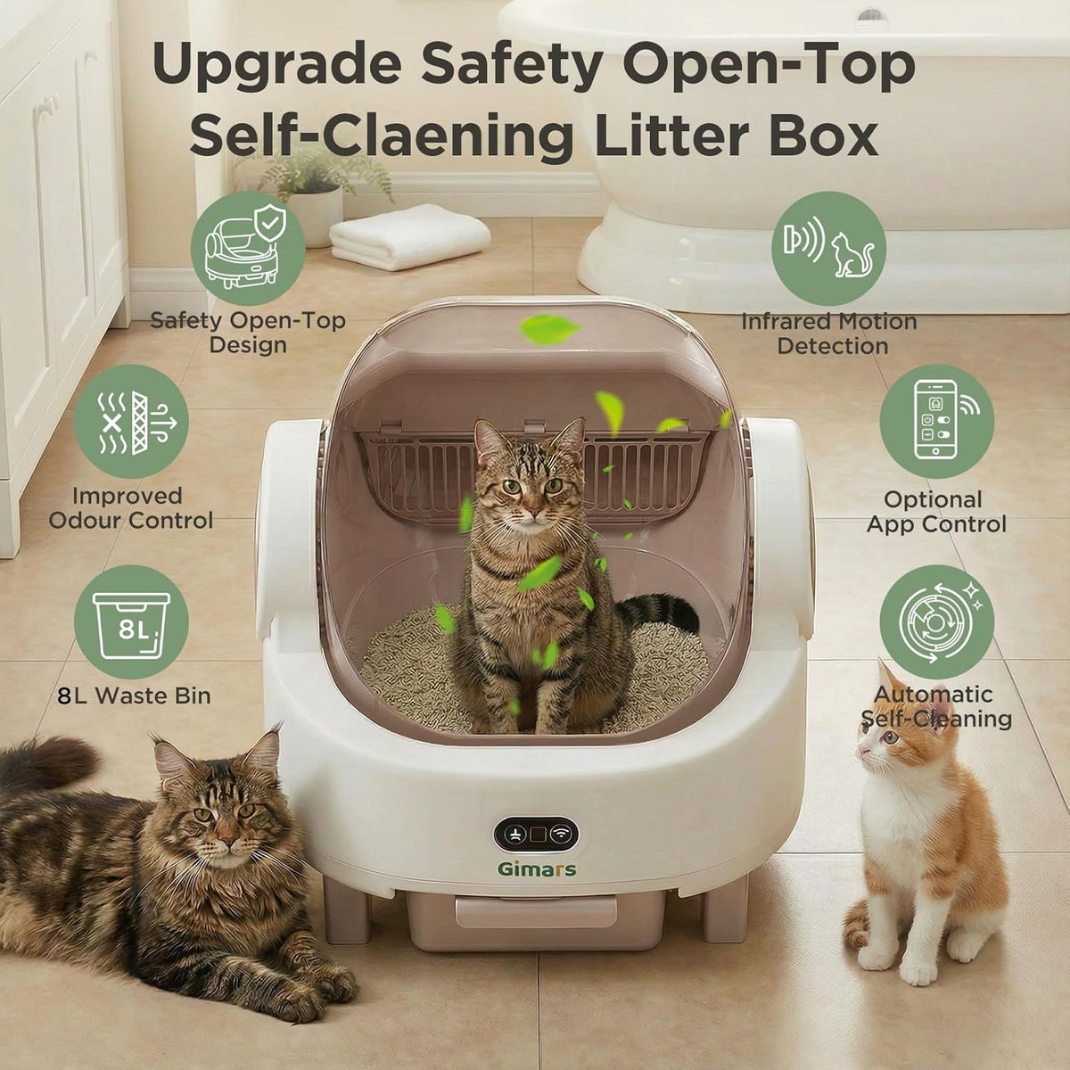 Gimars Open Top Design Zelfreinigende Kattenbak, Automatische Kattenbak voor Meerdere Katten & Senior Katten, App Control met Veiligheidssensoren, Lage Geur, Inclusief Vuilniszakken & Kattenbak