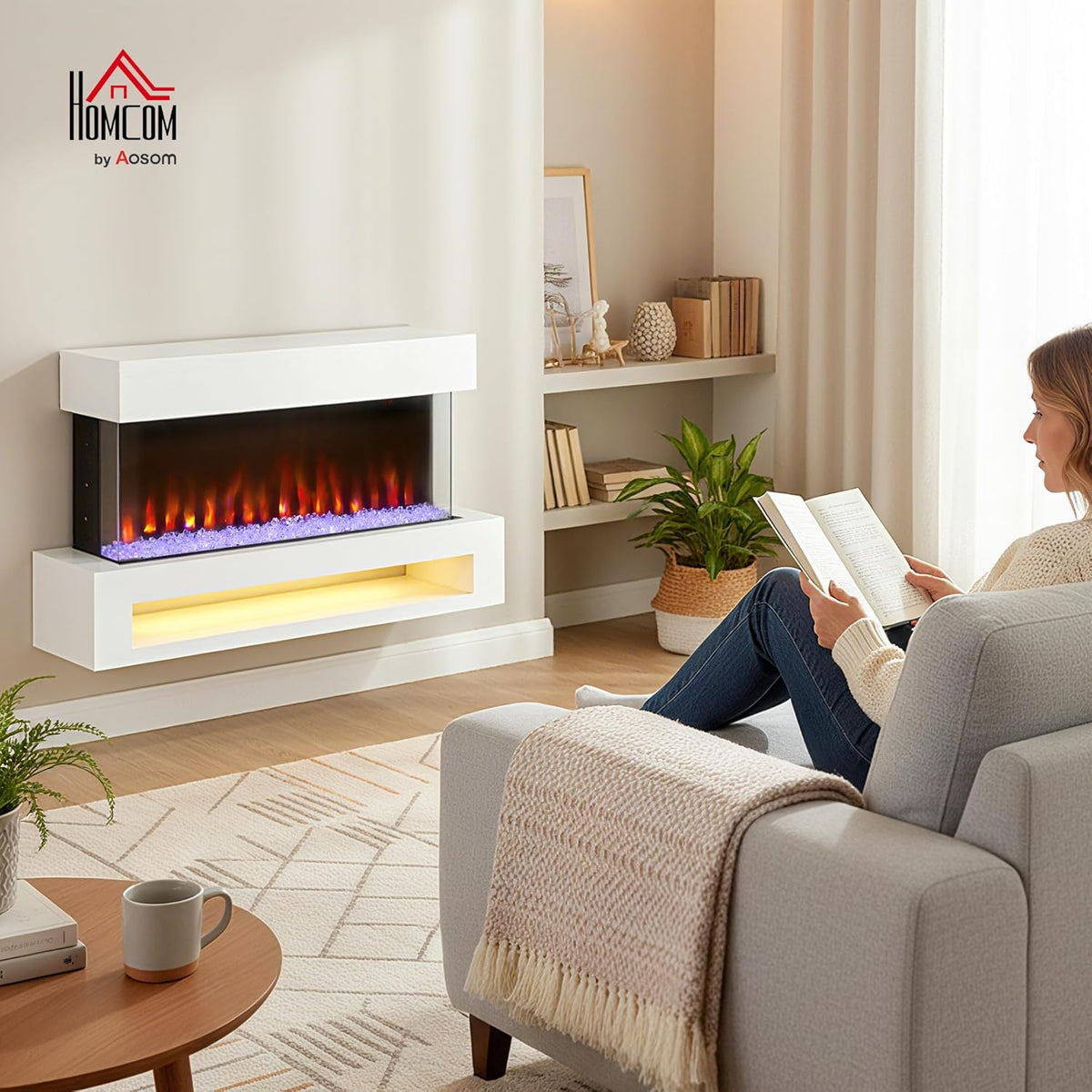 Elektrische Haard – Open Haard – Wandhaard – Sfeerverwarming – Decoratieve Haard – 2000W Vermogen – 11 Vlamkleuren & 10 Kristalopties