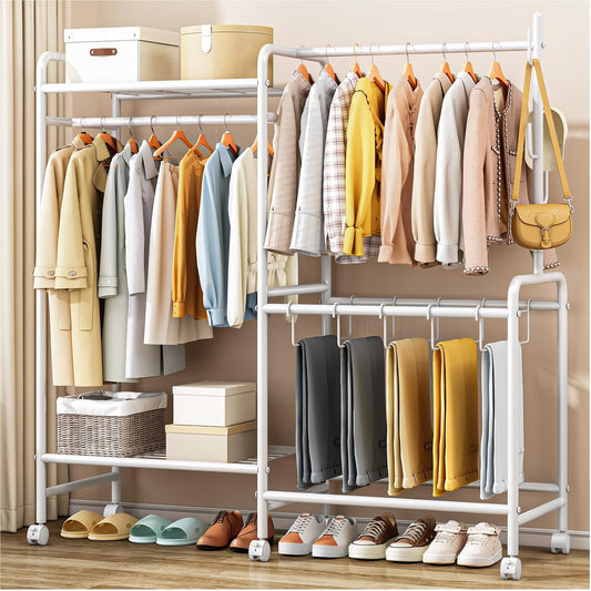Heavy Duty kledingstang met wielen, 125 kg metalen kledingrek met broekenrek, bovenste plank, 4 haken en 5 broekhangers, stevige kledingkast kledingstang voor slaapkamer, hal, winkel, wit