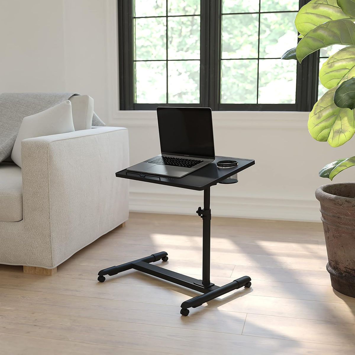 Flash Furniture Zwart verstelbare hoogte stalen computer bureau NAN-JG-06B-BK-GG mobiele computertafel, in hoogte verstelbaar, staal, zwart, gehard glas, 66 cm B x 36,5 inch H