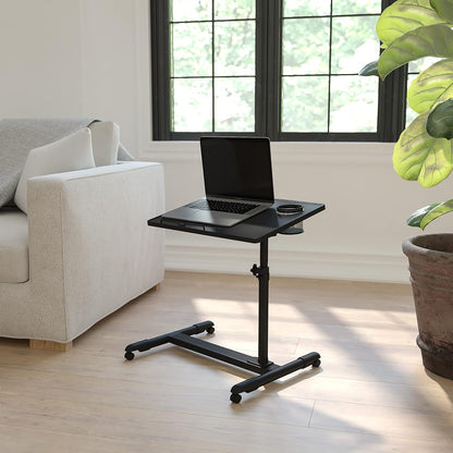 Flash Furniture Zwart verstelbare hoogte stalen computer bureau NAN-JG-06B-BK-GG mobiele computertafel, in hoogte verstelbaar, staal, zwart, gehard glas, 66 cm B x 36,5 inch H
