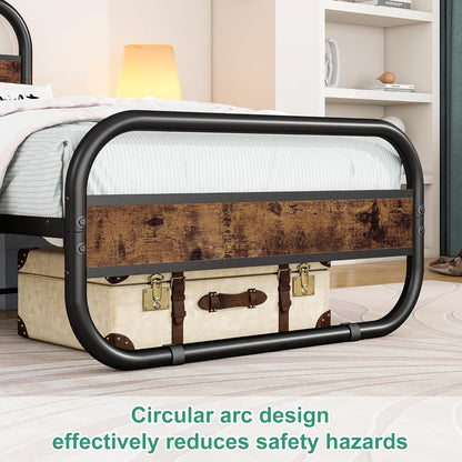 HOMERECOMMEND 3ft eenpersoons bedframe met hoofdeinde, ovaalvormig platformbed met opbergruimte onder het bed, stalen latten matrasbodem met rond pijpontwerp, bruin