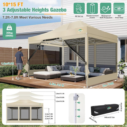 COBIZI Canopy Tent 10x15 Heavy Duty pop-up luifel met zijwanden waterdicht, eenvoudig op te zetten tuinhuisje met klamboe, outdoor mesh schermtenten voor feesten bruiloft feest met draagtas, kaki