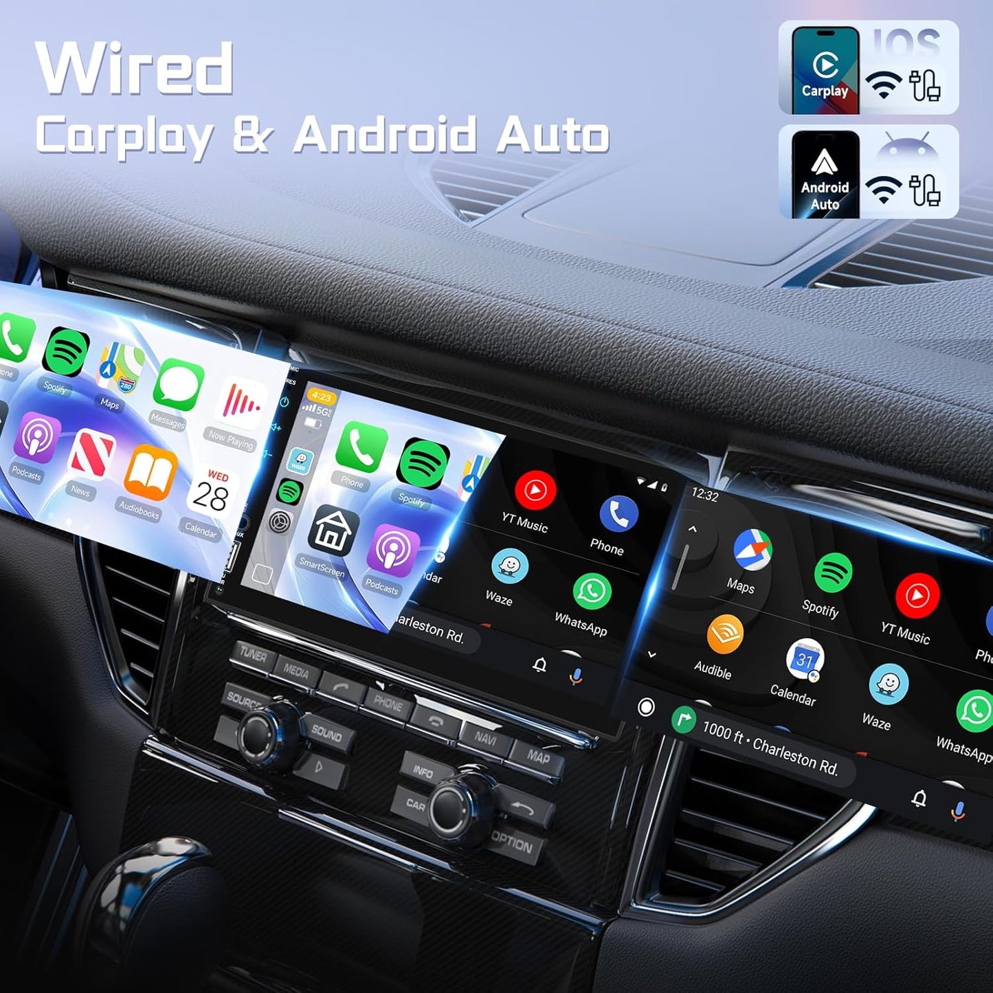 DAB/DAB+ dubbele DIN-autoradio met draadloze Carplay Android Auto Mirror Link, 7-inch touchscreen, 2-DIN-autoradio met Bluetooth, FM EQ, USB/AUX/SWC achteruitrijcamera