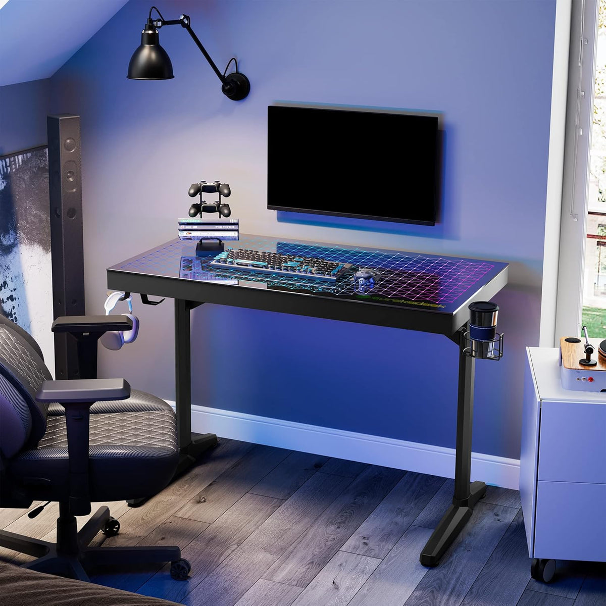 EUREKA ERGONOMIC Gamingbureau, led, bureau, gamer, 110 cm, van glas, voor gaming, pc, computer, synchroniseren met muziekritme, RGB-verlichting via app-besturing