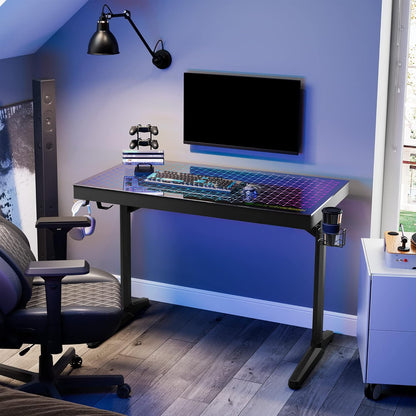 EUREKA ERGONOMIC Gamingbureau, led, bureau, gamer, 110 cm, van glas, voor gaming, pc, computer, synchroniseren met muziekritme, RGB-verlichting via app-besturing