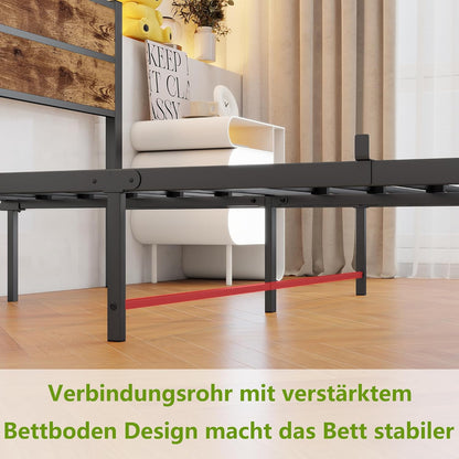Bed 120x200, Bed frame Kinderbed 120x200 met lattenbodem van metaal, Bedframe met houten hoofdeinde en opbergruimte eronder, Gastenbed Tweepersoonsbed, Robuust en Stabiel Bed Frame, Bruin