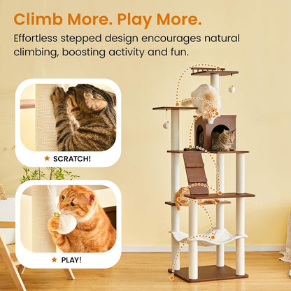 Grote Moderne Kattenboom - 178 cm Hoge Speeltoren voor Katten, Kattenmeubel met 7 Volledig Omwikkelde Krabpalen, 2 Ruime Platforms, Hangmat, Afneembaar Kussen en Pluche Ballen, Notenhout Bruin