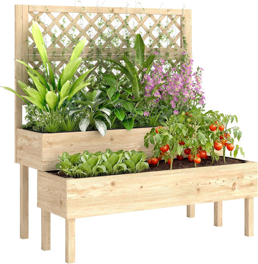 Outsunny Raised Planter with Trellis, 2-Step Flower Box with 2 Planters, Felt Fabric, Wooden Planter for Climbing Planters, Garden 108 x 62 x 120 cm