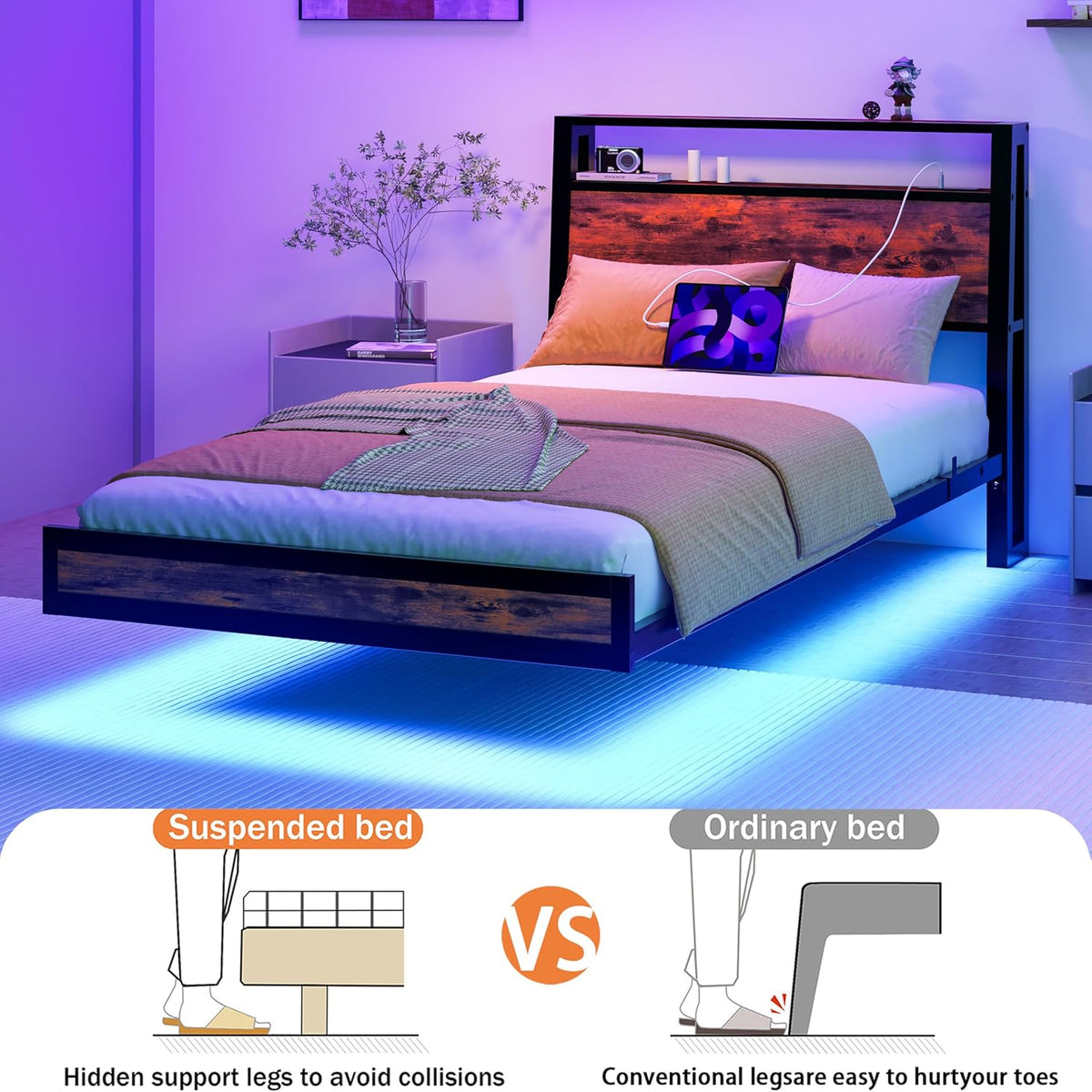 Zwevend bedframe met laadstation en ledverlichting, houten hoofdeinde met opbergplanken, robuuste metalen latten, geen boxspring nodig, geluidsvrij, eenvoudige montage, zwart